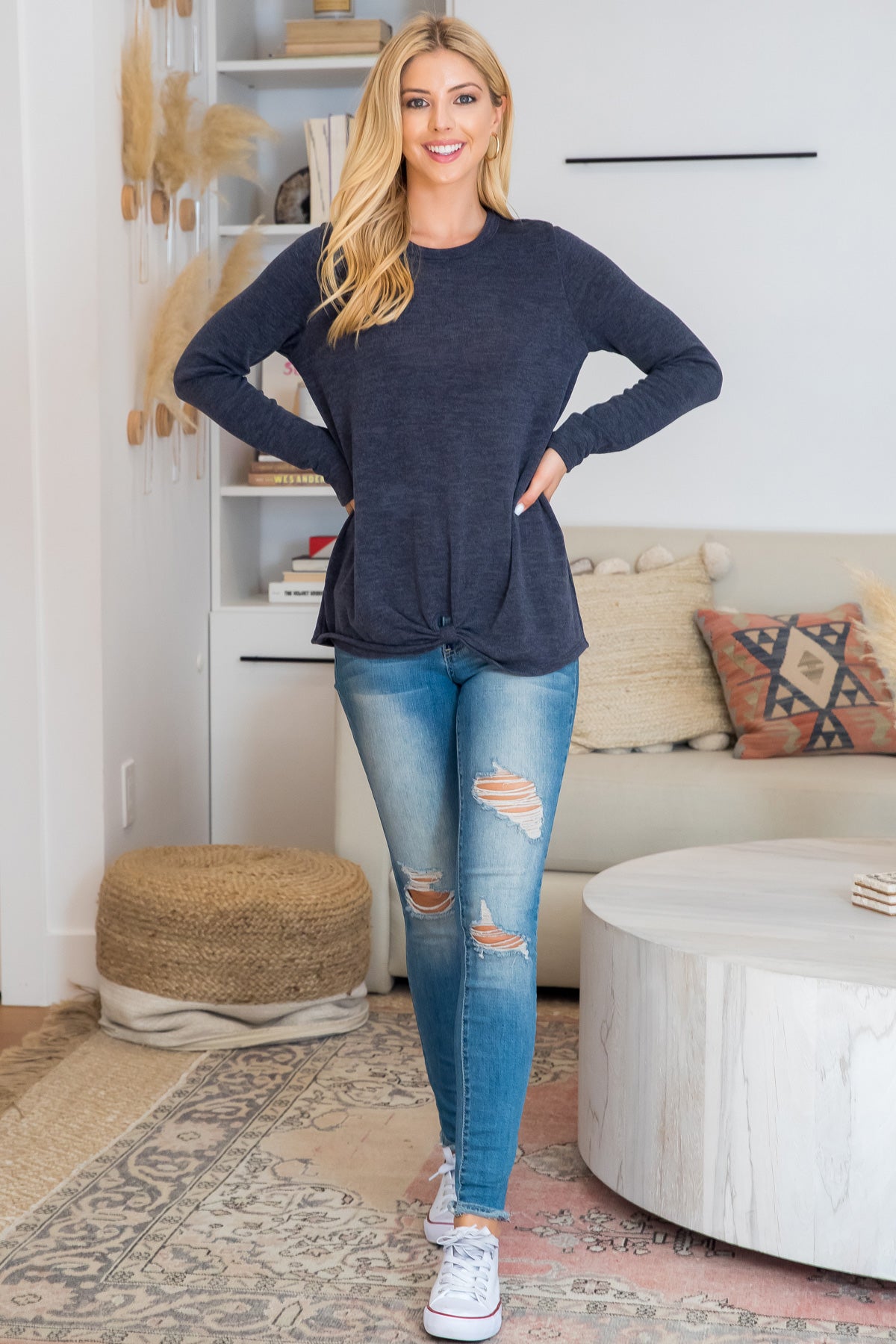 Plus Size Punch Hole Detail Front Long Sleeve Top