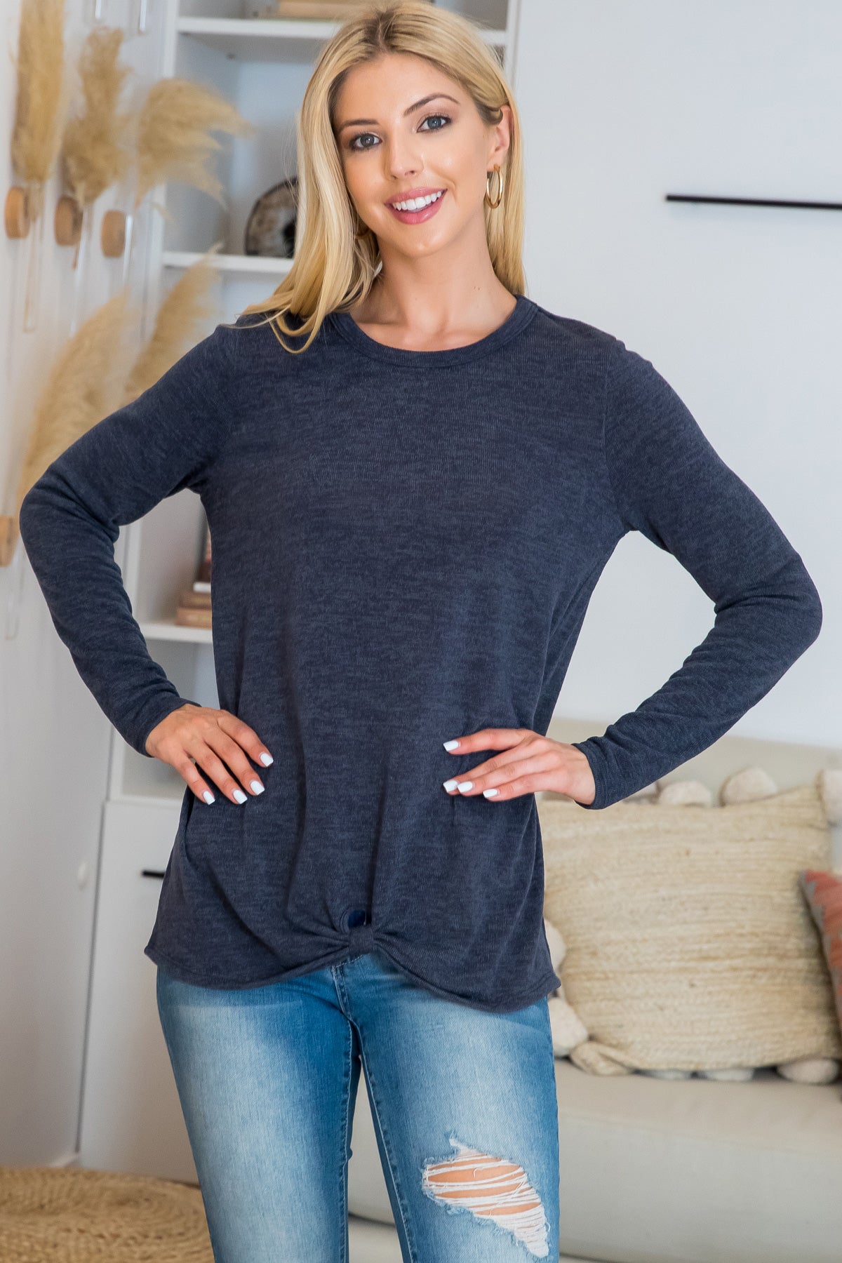 Plus Size Punch Hole Detail Front Long Sleeve Top