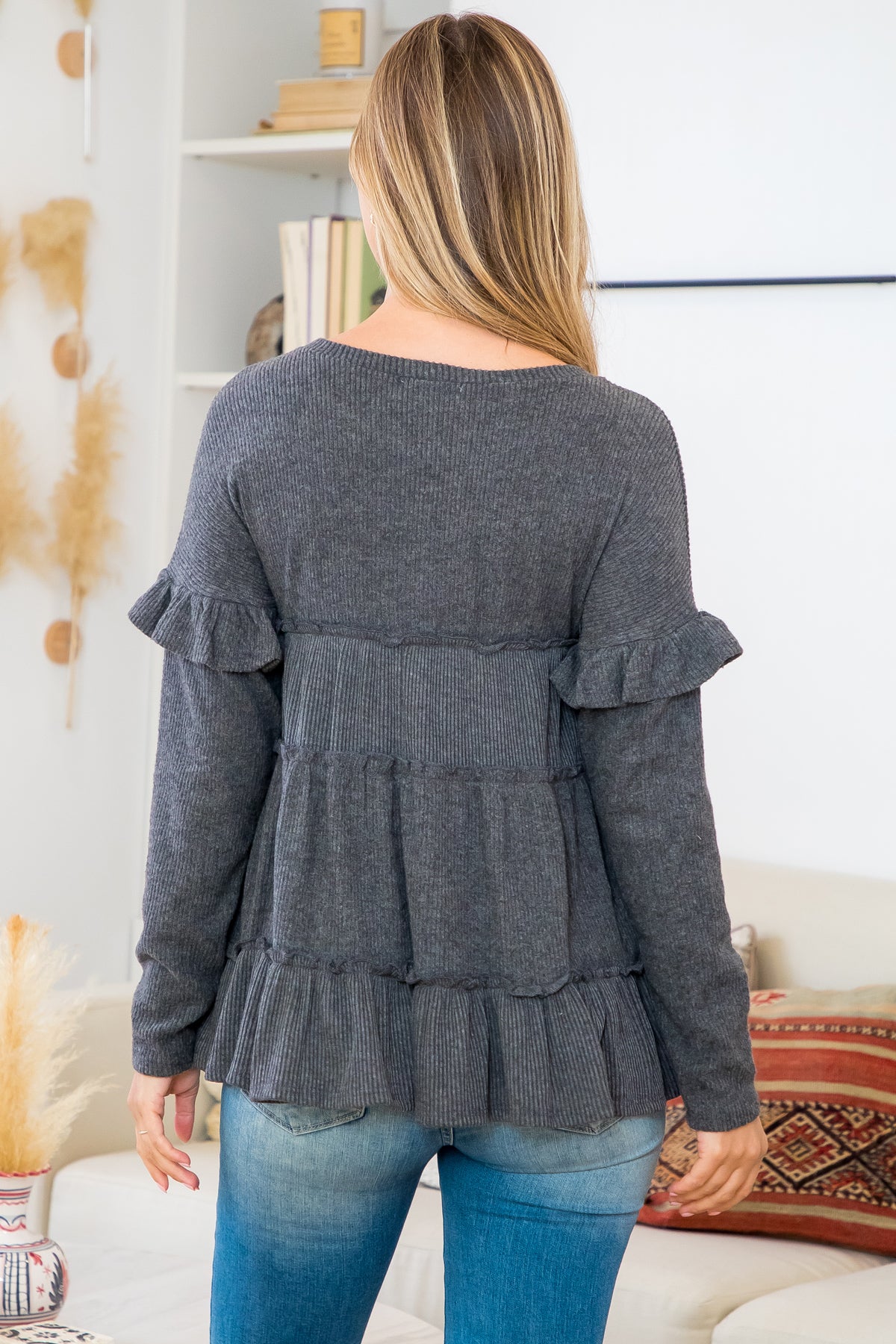 Ruffle Detail Long Sleeve Bella Rib Top