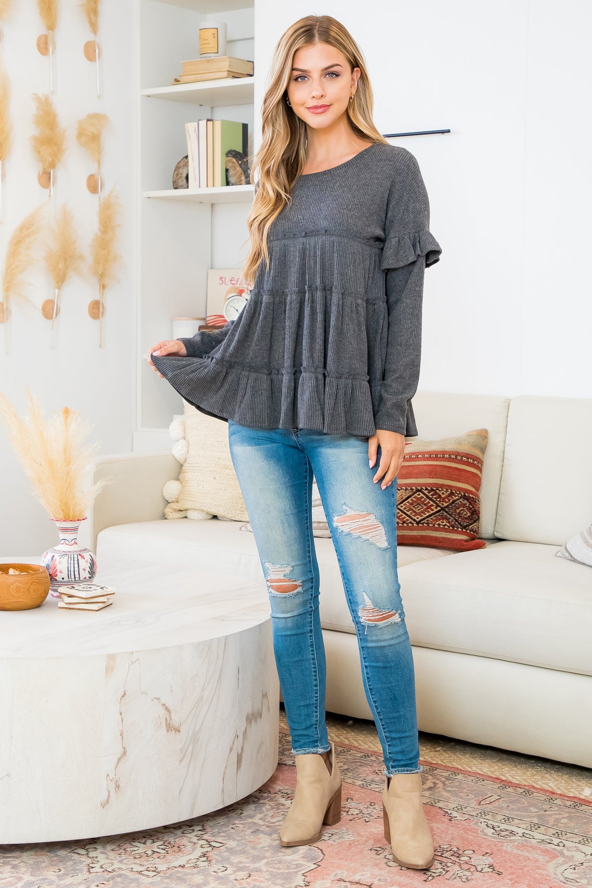 Ruffle Detail Long Sleeve Bella Rib Top