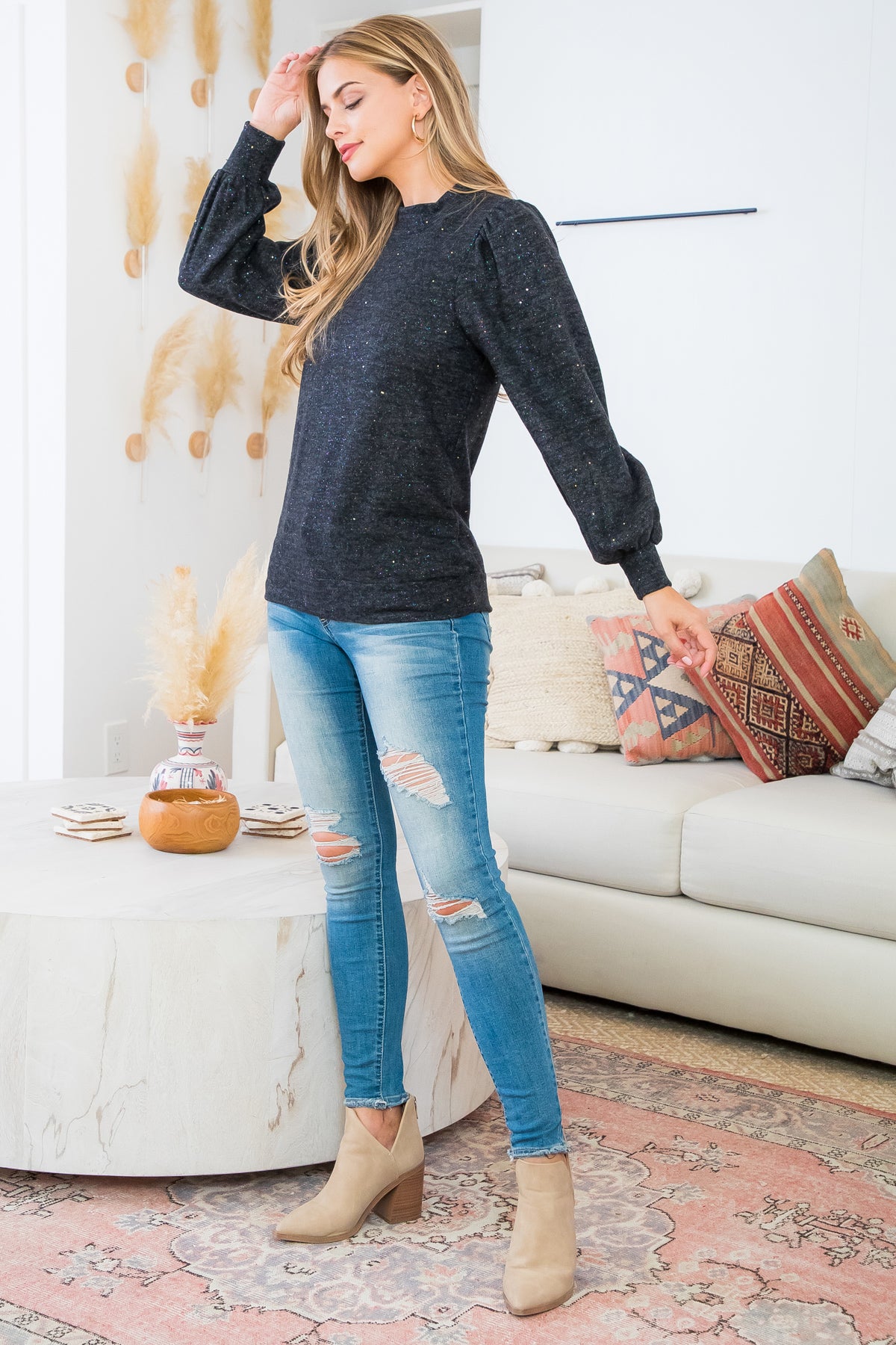 Plus Size Puff Sleeve Crew Neckline Glitter Detail Top