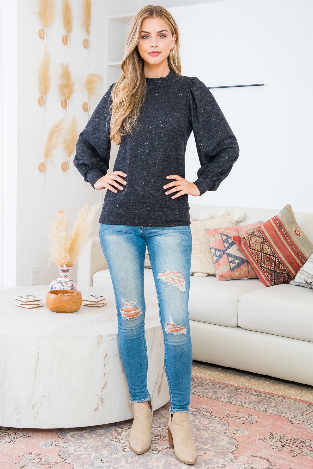Plus Size Puff Sleeve Crew Neckline Glitter Detail Top