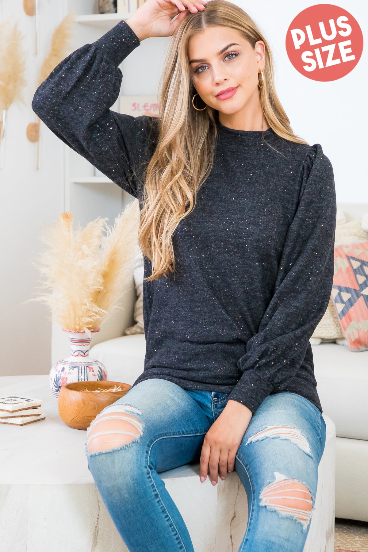 Plus Size Puff Sleeve Crew Neckline Glitter Detail Top