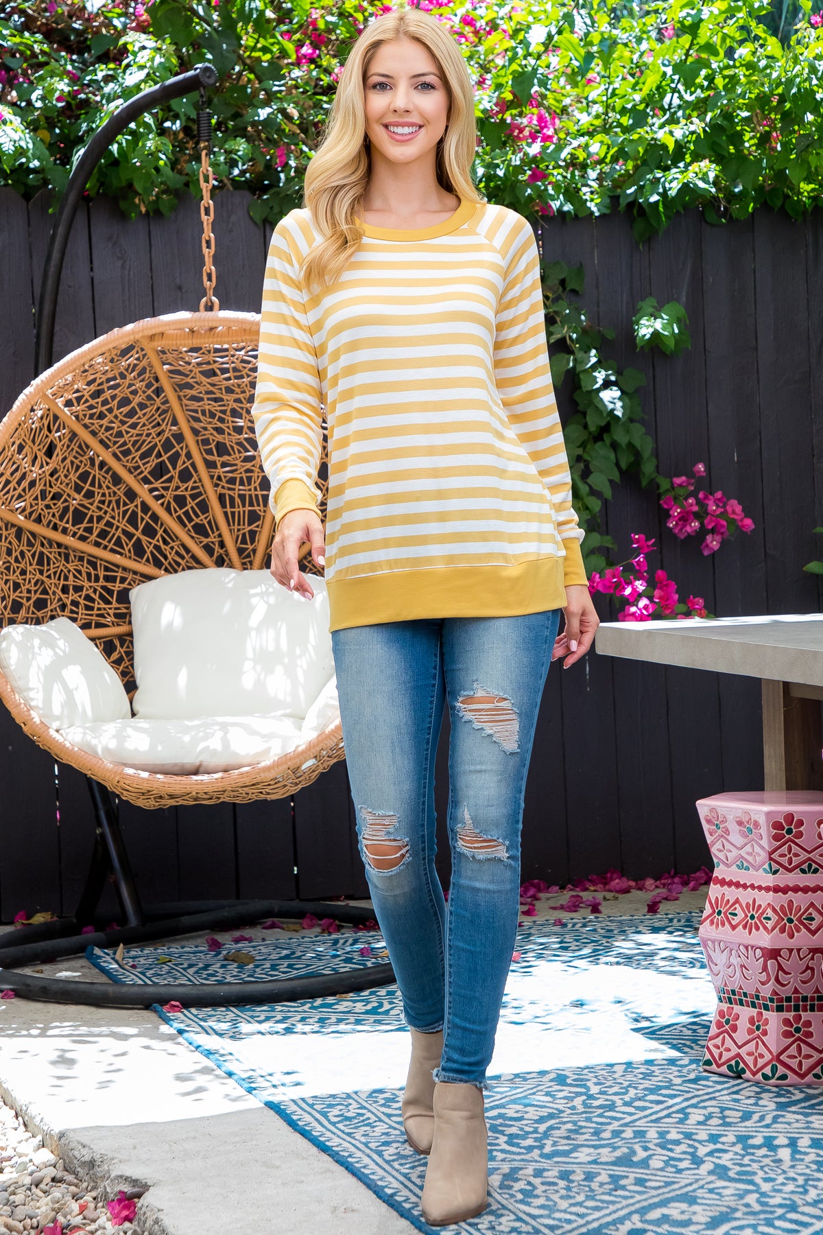 Plus Size Long Sleeve Round Neck Stripe Top