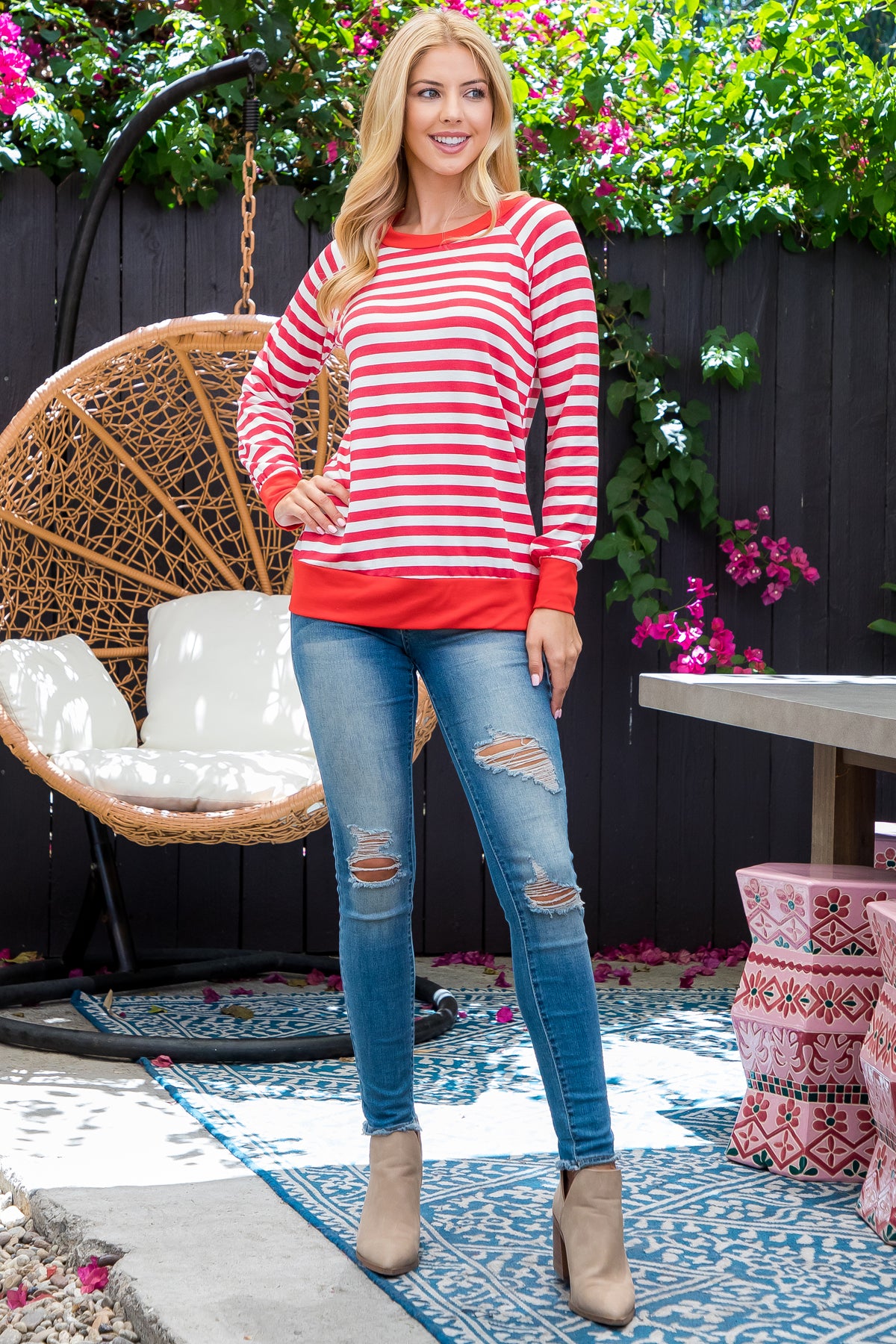 Plus Size Long Sleeve Round Neck Stripe Top
