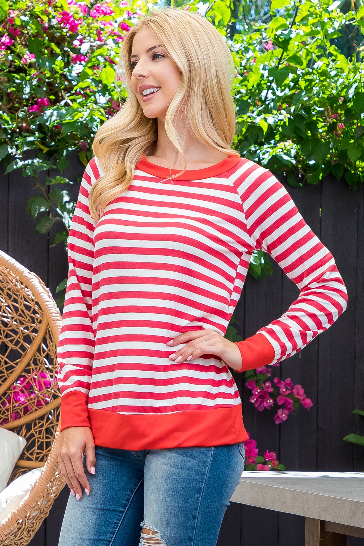 Plus Size Long Sleeve Round Neck Stripe Top