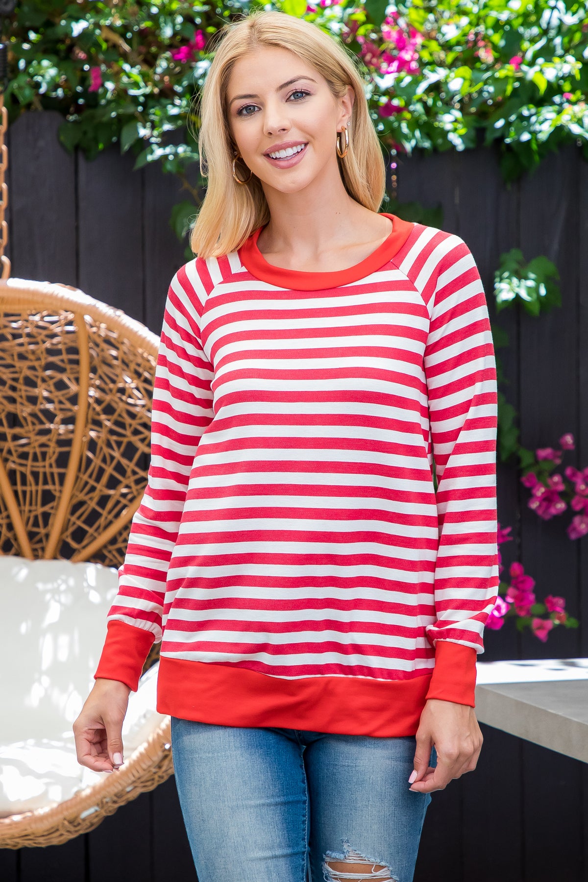Plus Size Long Sleeve Round Neck Stripe Top