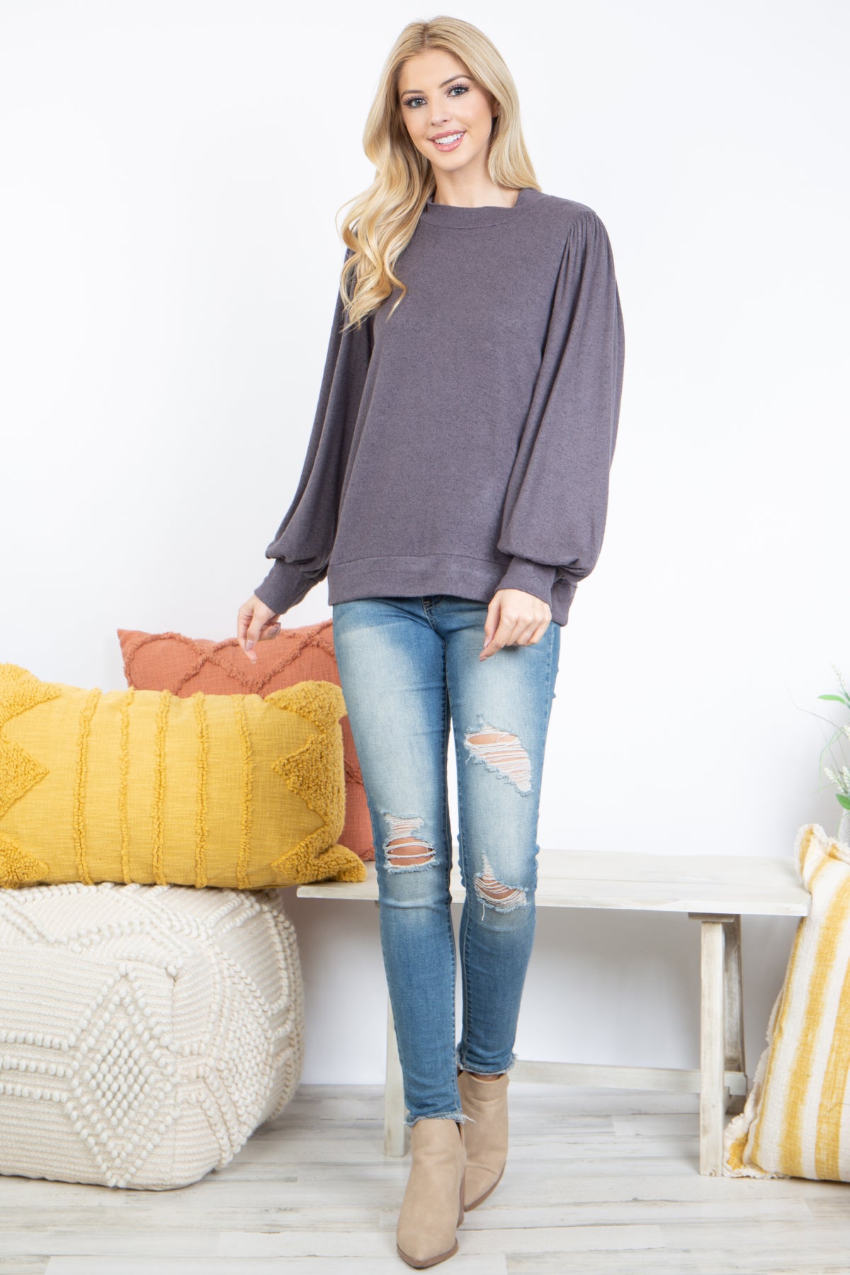 Crew Neck Long Puff Sleeve Top