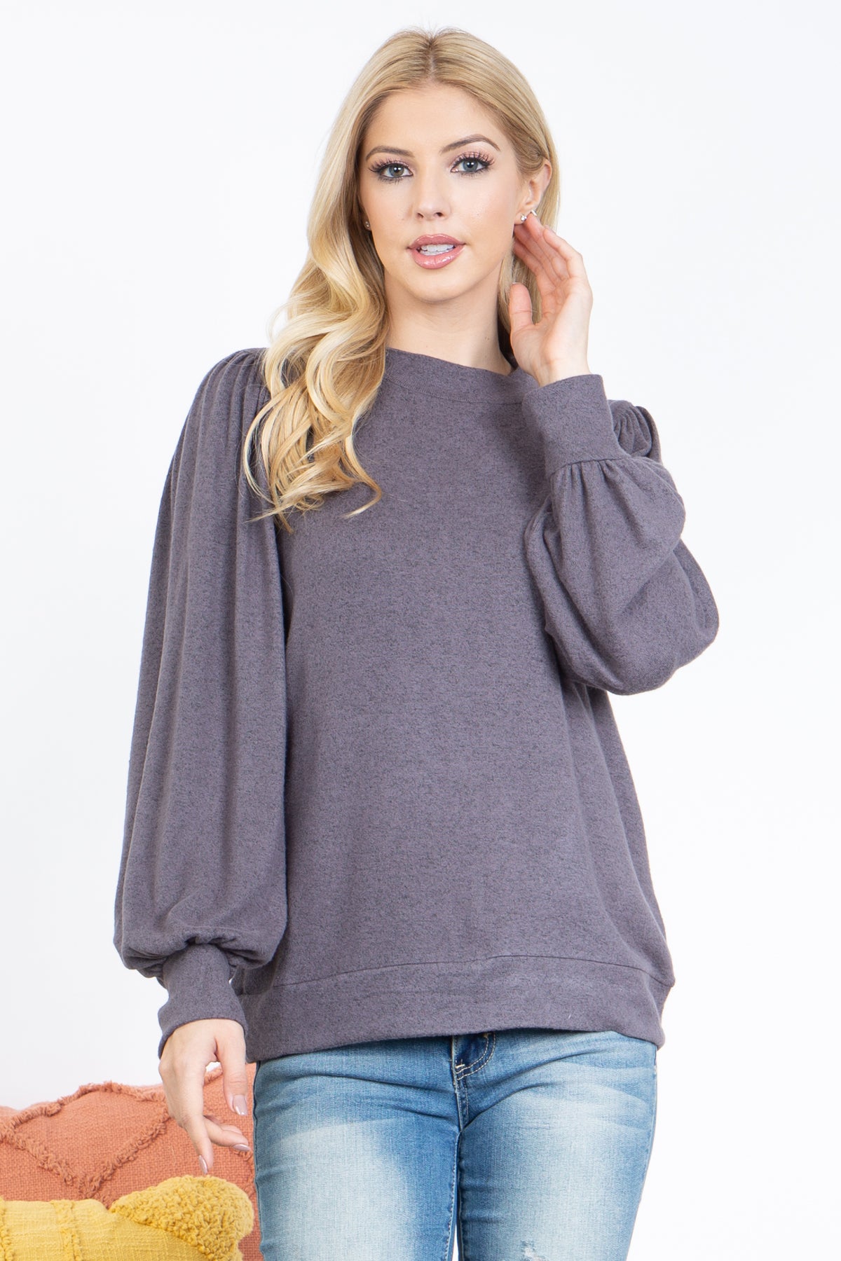 Crew Neck Long Puff Sleeve Top