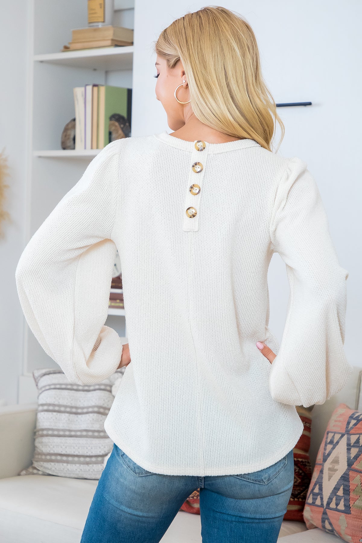 Plus Size Back Button Detail Puff Sleeve Knitted Top