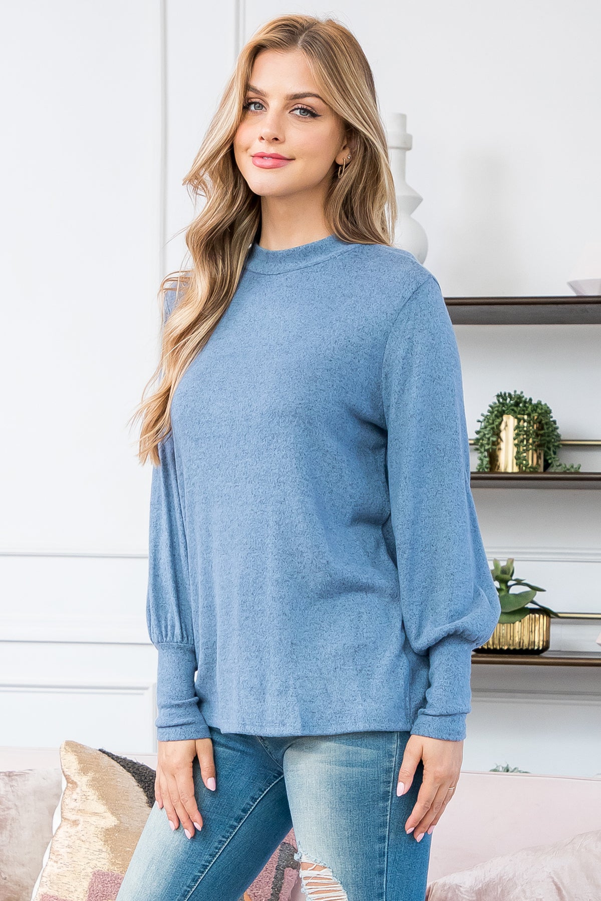 Puff Sleeve Mock Neck Top