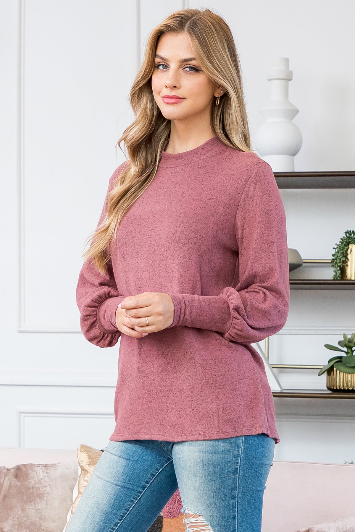 Puff Sleeve Mock Neck Top