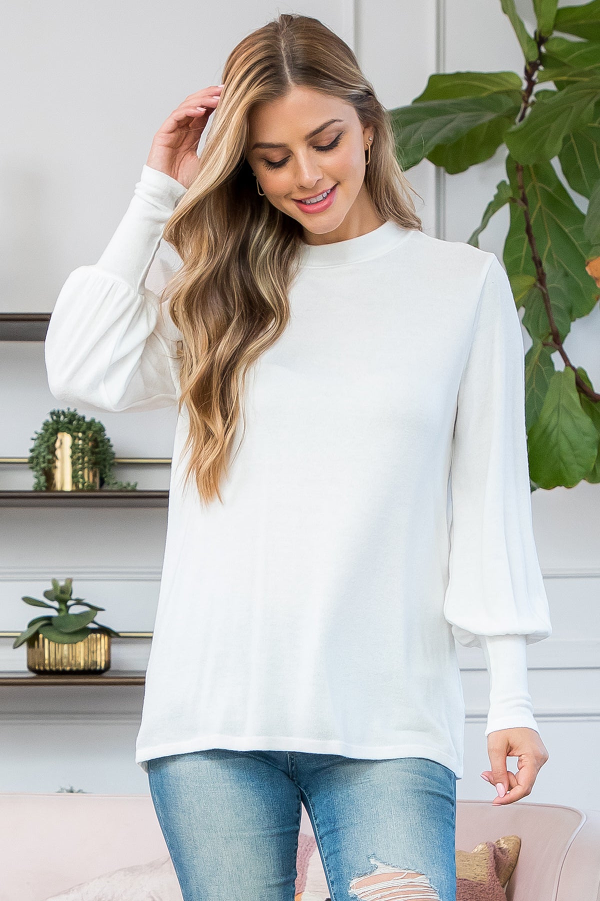 Puff Sleeve Mock Neck Top