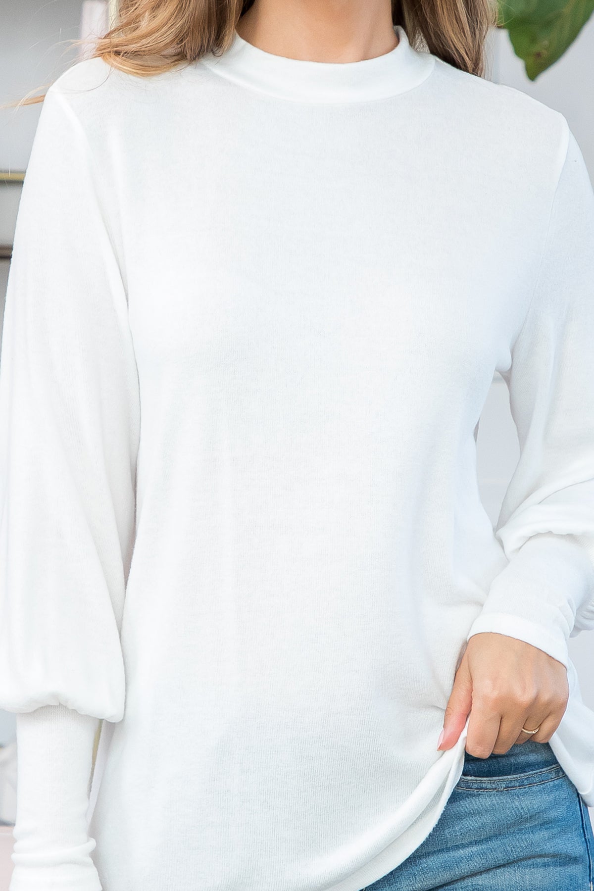 Plus Size Puff Sleeve Mock Neck Top