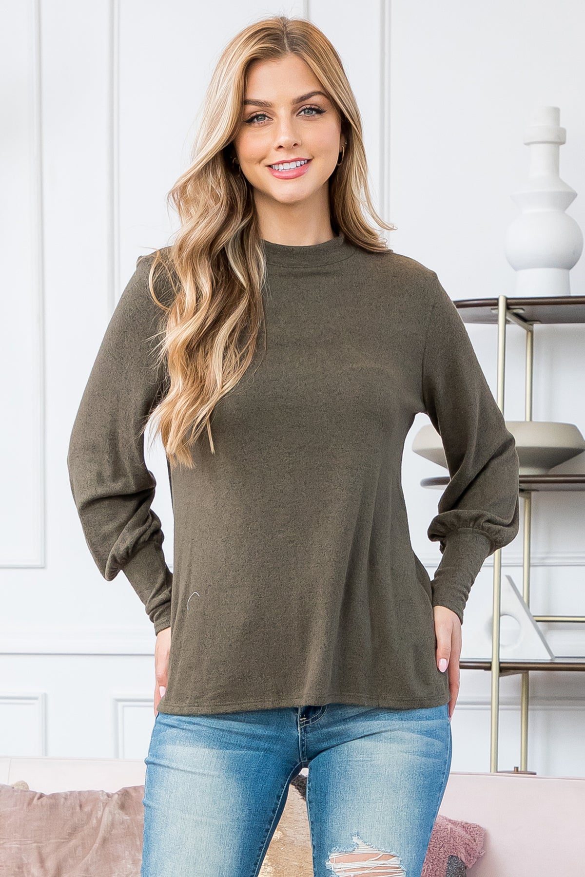 Puff Sleeve Mock Neck Top
