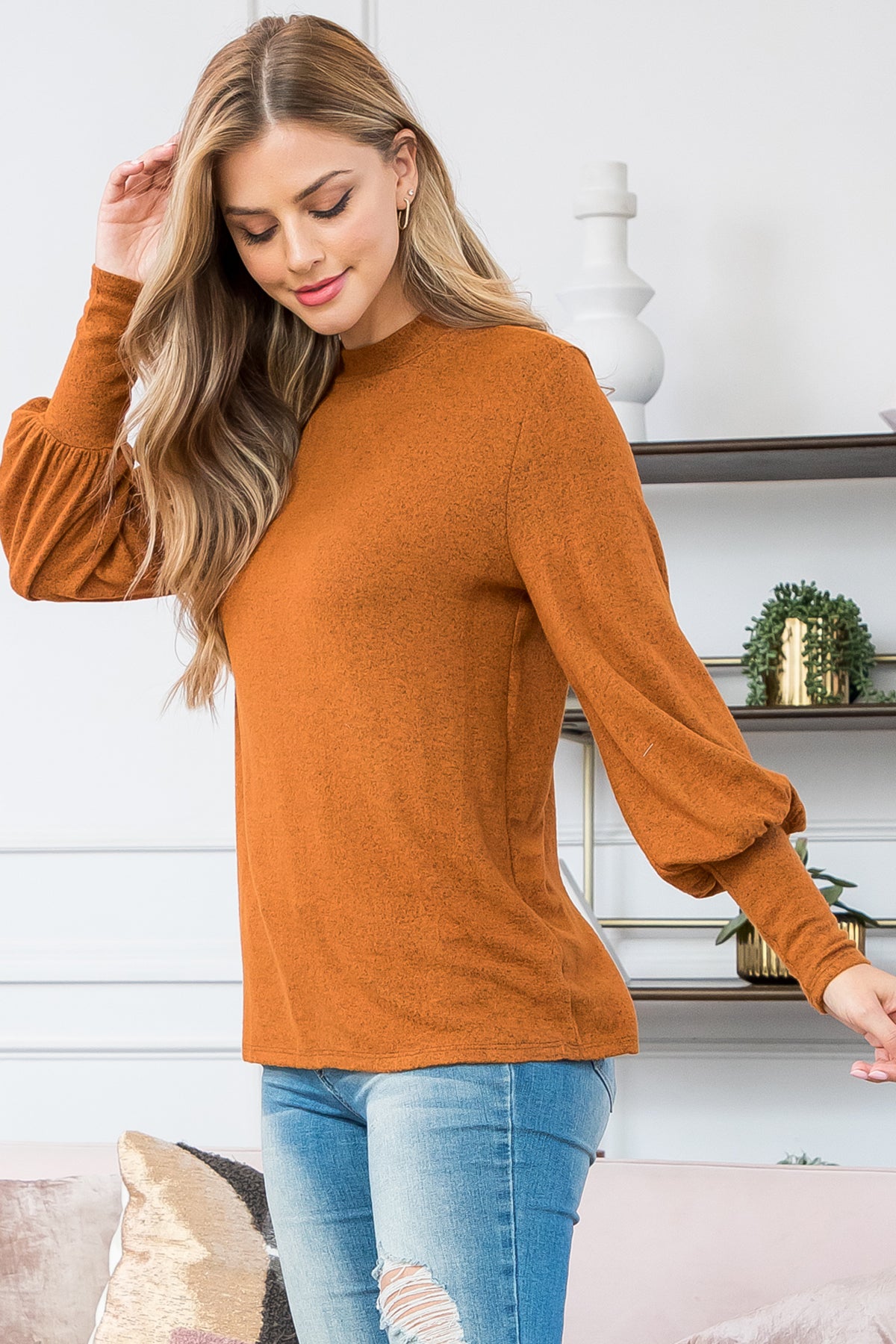 Puff Sleeve Mock Neck Top