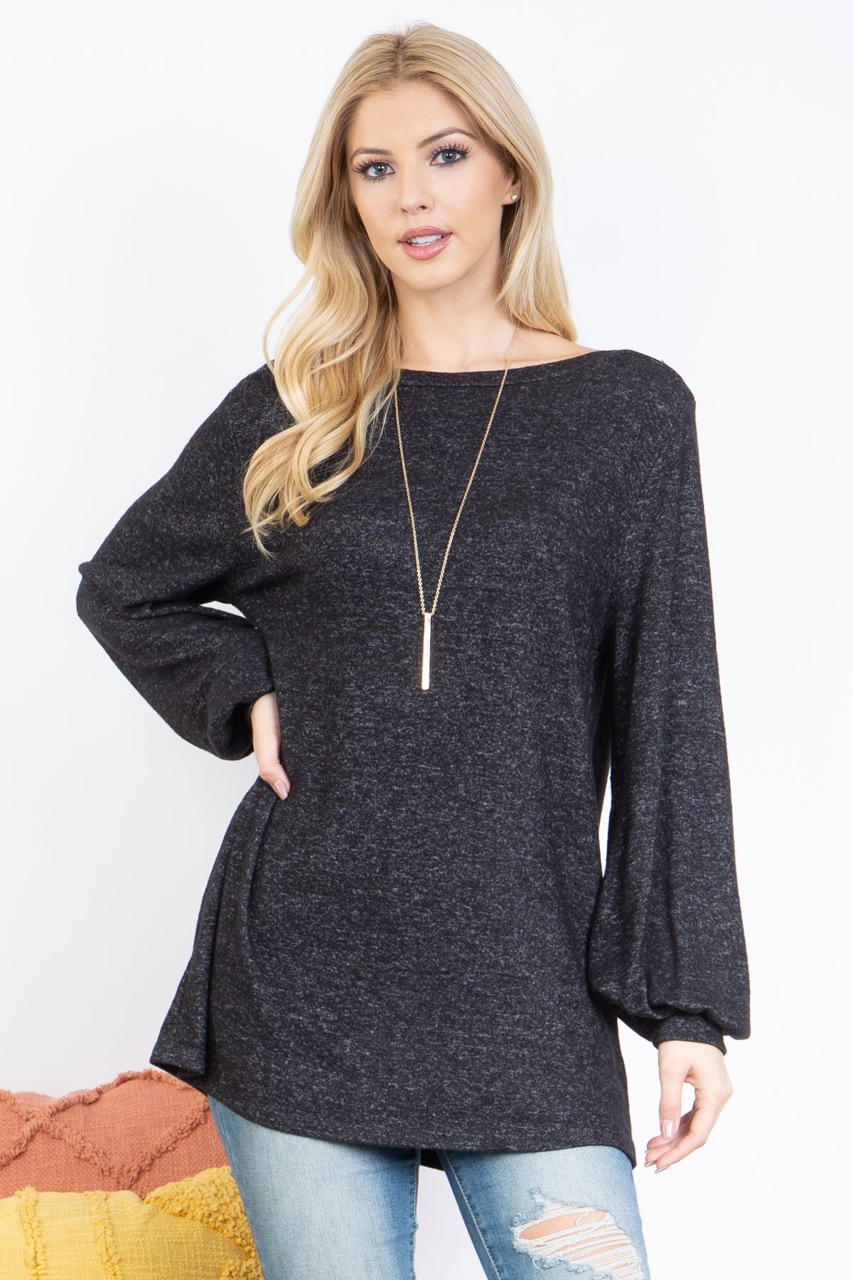 Puff Long Sleeve Boat Neck Brushed Hacci Top