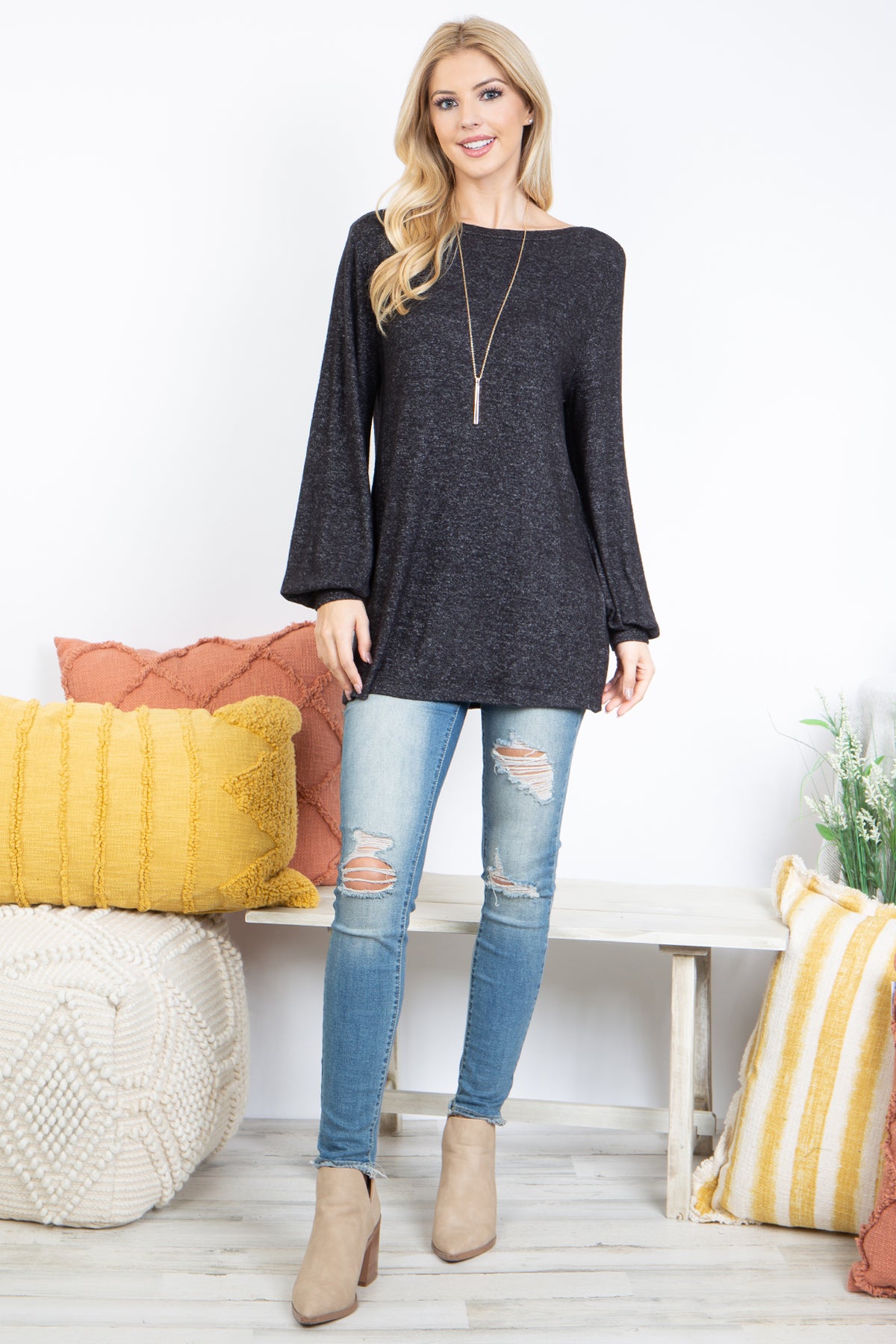 Puff Long Sleeve Boat Neck Brushed Hacci Top