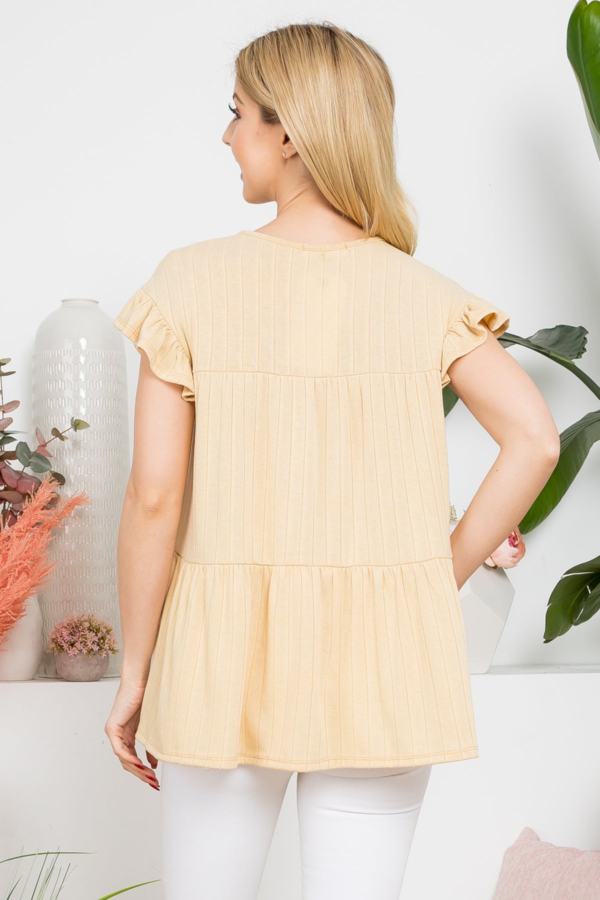 Ruffle Cap Sleeve Band Rib Top