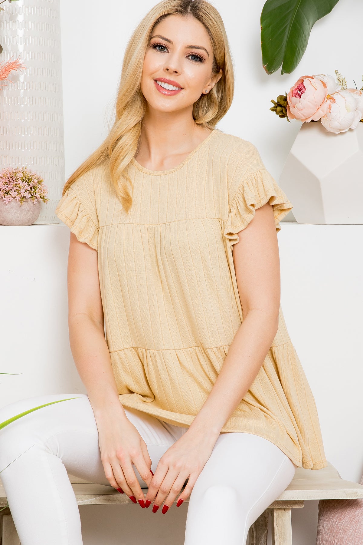 Ruffle Cap Sleeve Band Rib Top