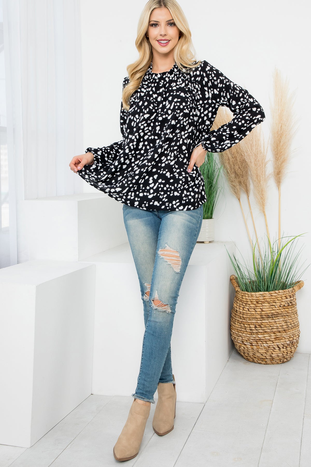 Puff Sleeve Merrow Neckline Animal Print Woven Top
