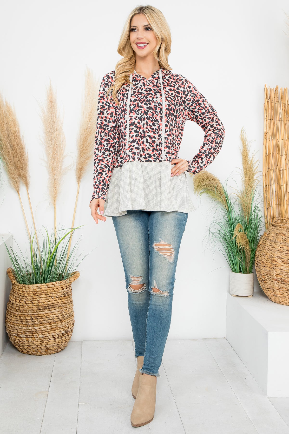 Solid Hem Long Sleeve Leopard Hoodie Top