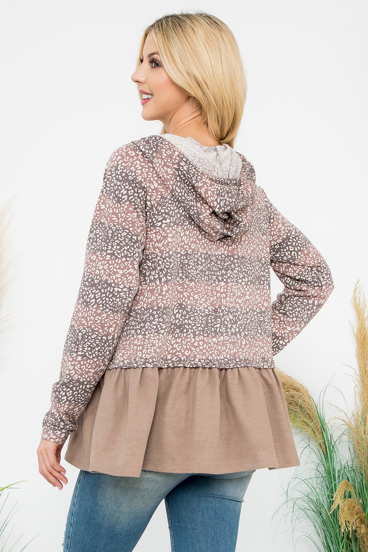 Solid Hem Long Sleeve Striped Leopard Hoodie Top