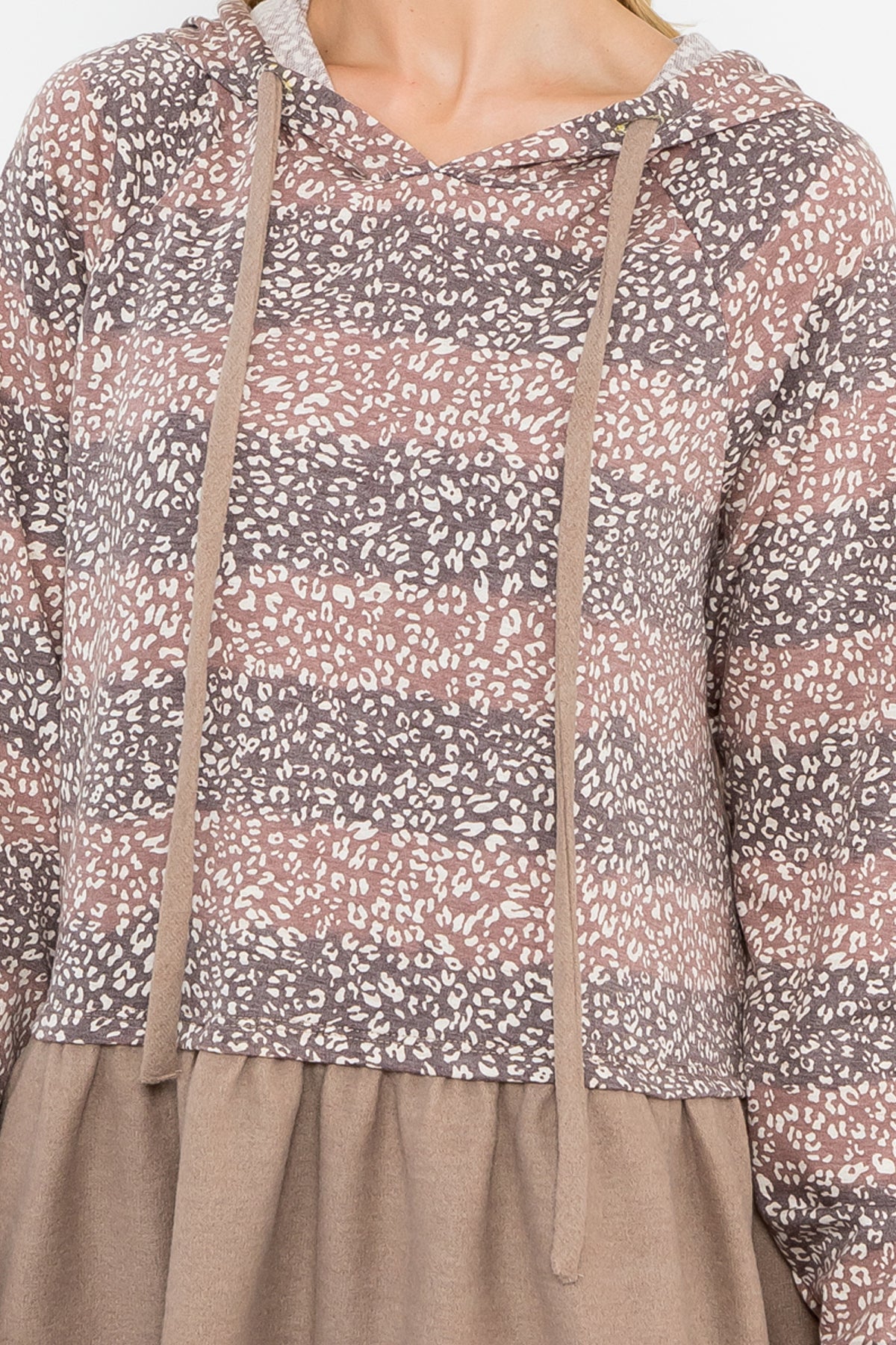 Solid Hem Long Sleeve Striped Leopard Hoodie Top