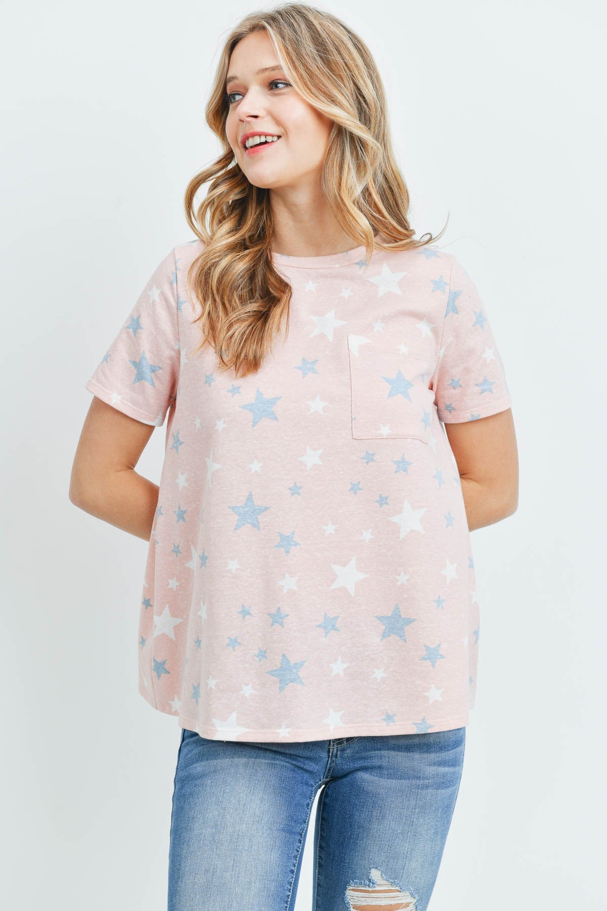 Star Print Short Sleeves Round Neck Top