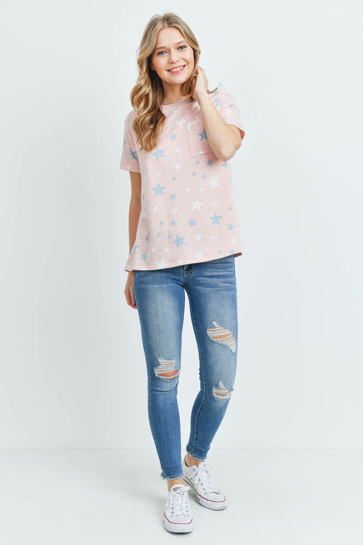 Star Print Short Sleeves Round Neck Top