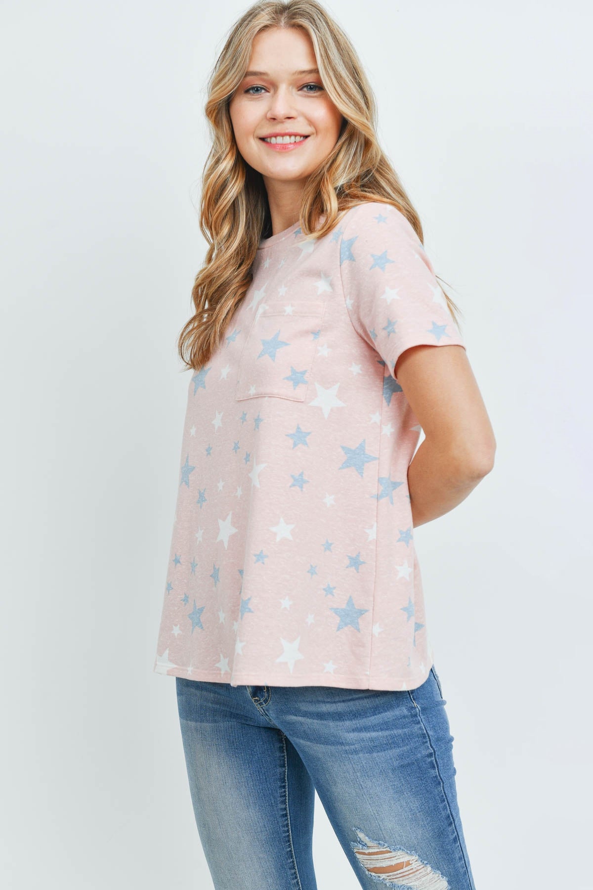 Star Print Short Sleeves Round Neck Top