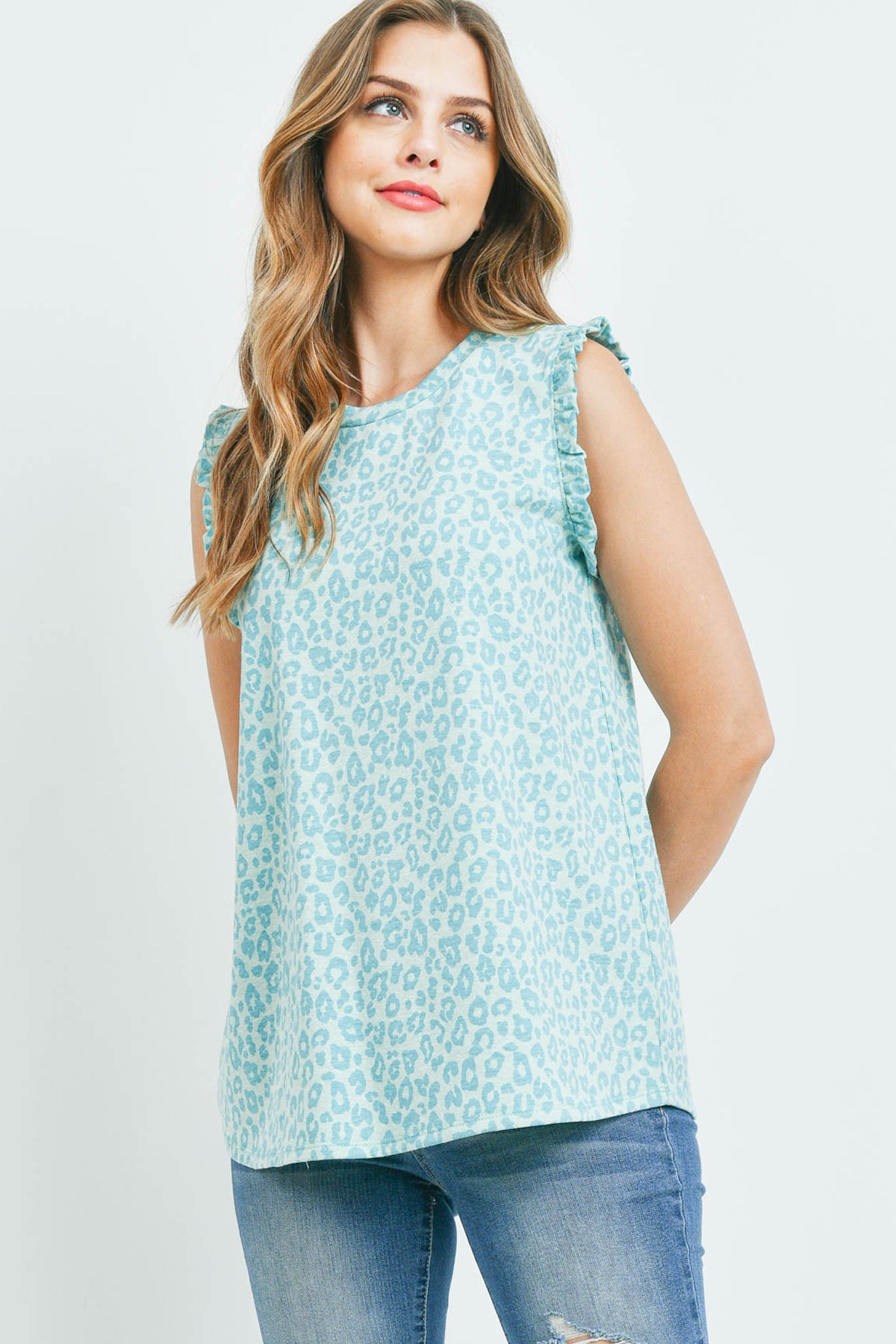 Leopard Print Ruffle Cap Sleeve Top