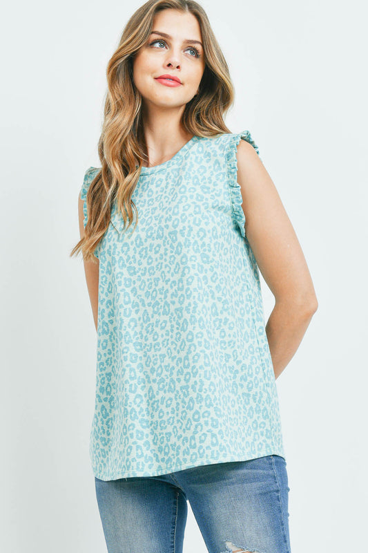 Leopard Print Ruffle Cap Sleeve Top