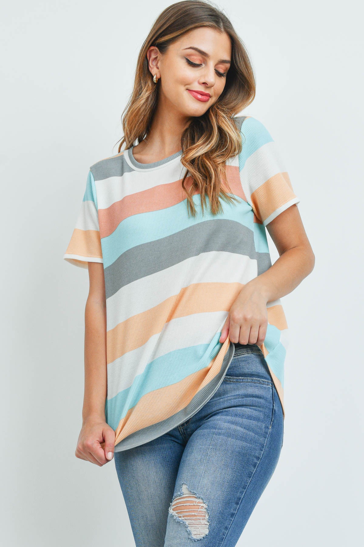 Round Neck Multicolor Stripes Thermal Top