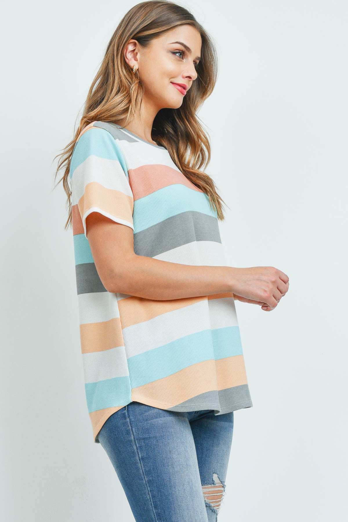 Round Neck Multicolor Stripes Thermal Top