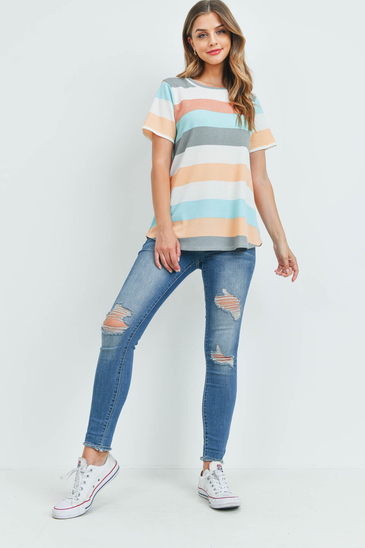 Round Neck Multicolor Stripes Thermal Top