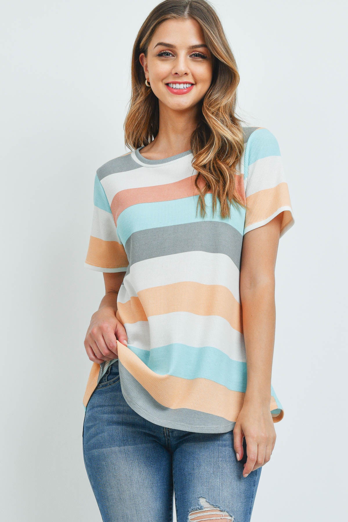 Round Neck Multicolor Stripes Thermal Top