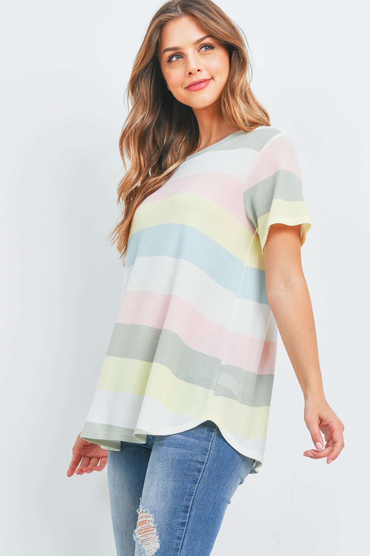 Round Neck Multicolor Stripes Thermal Top