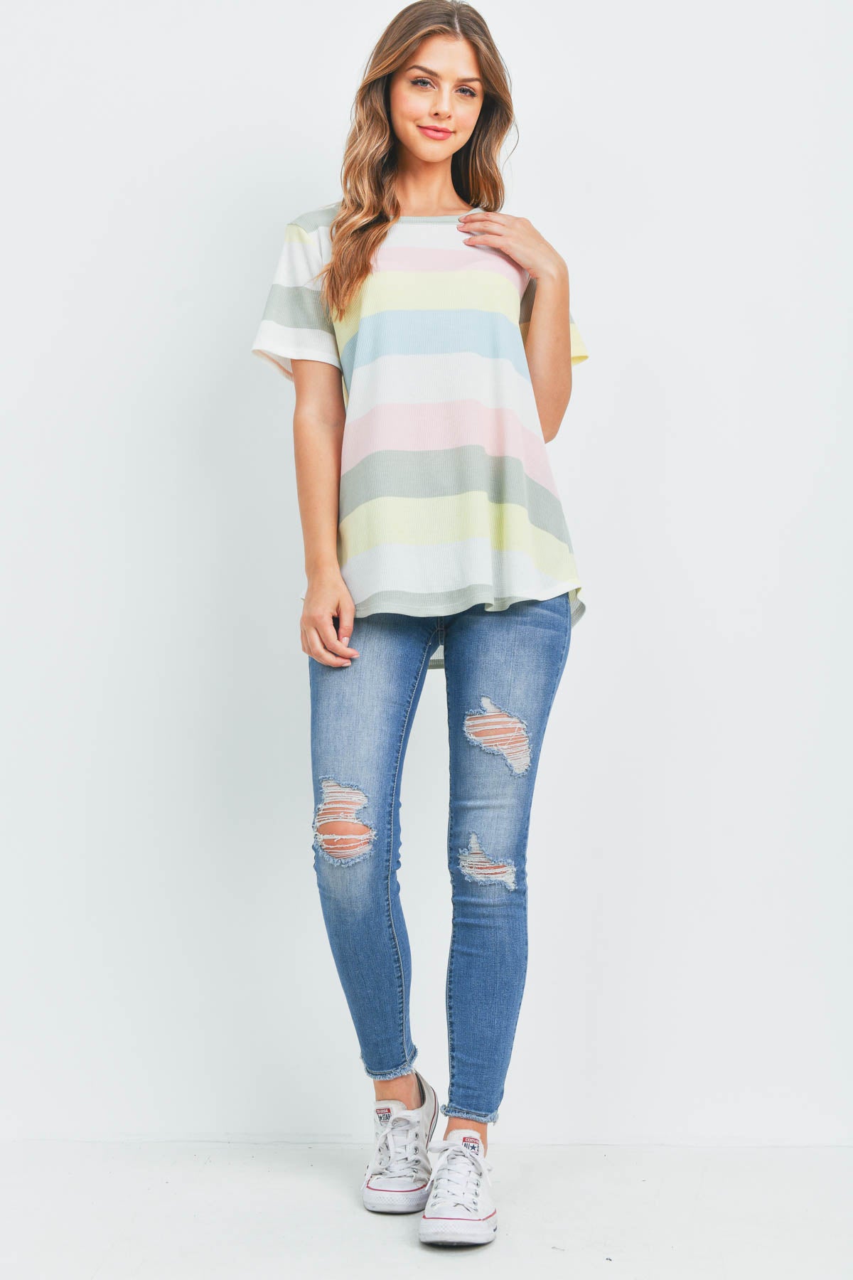 Round Neck Multicolor Stripes Thermal Top