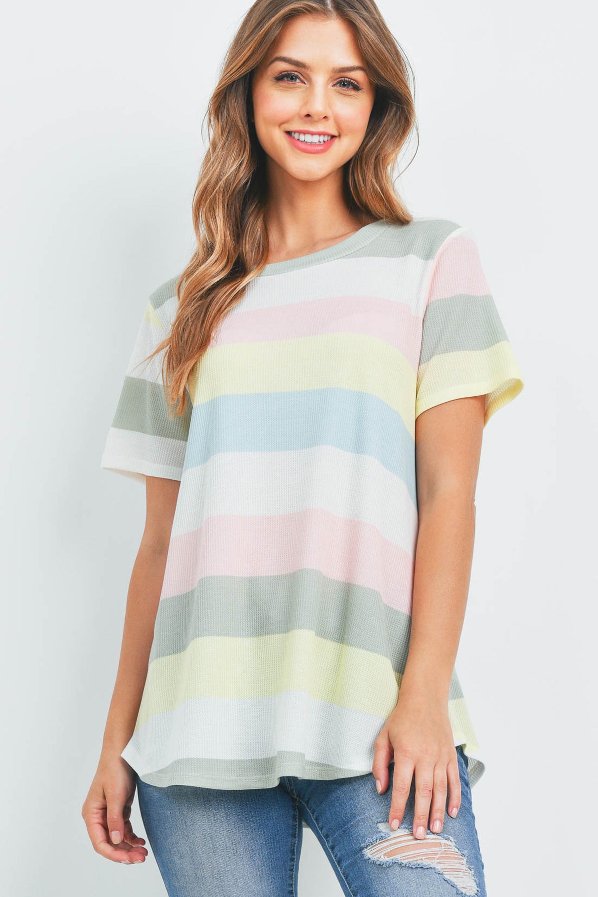 Round Neck Multicolor Stripes Thermal Top