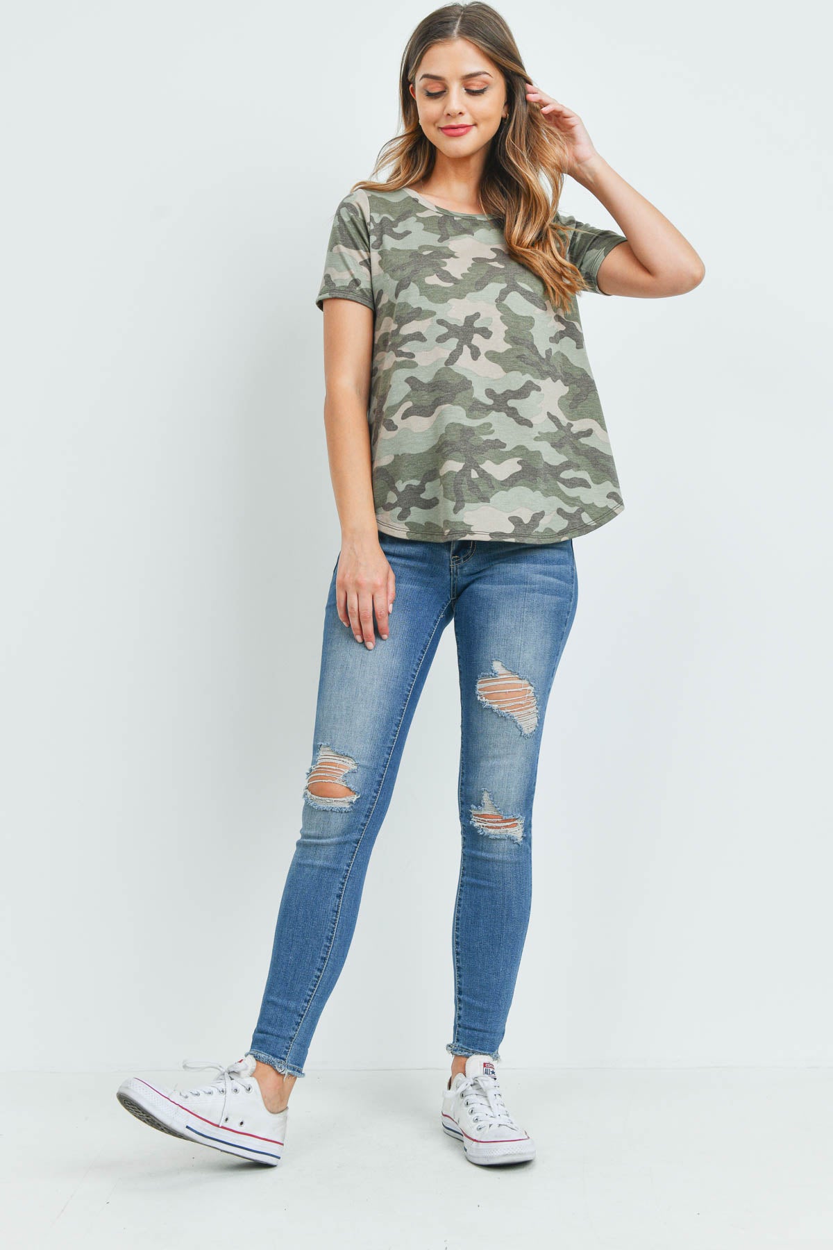 Short Sleeve Camouflage Round Neck Top