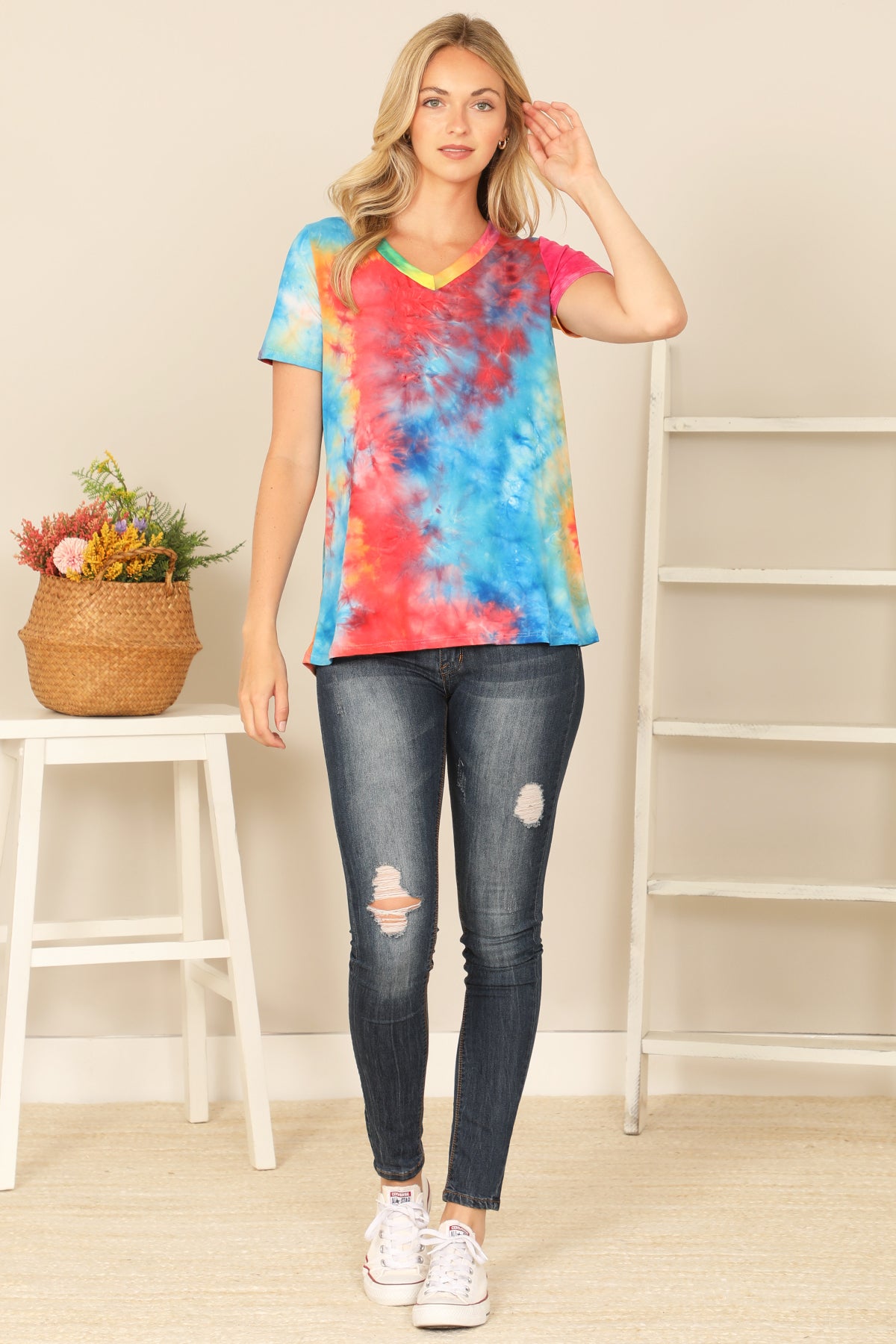 V-Neck Neck Short Sleeve Tie Dye Top
