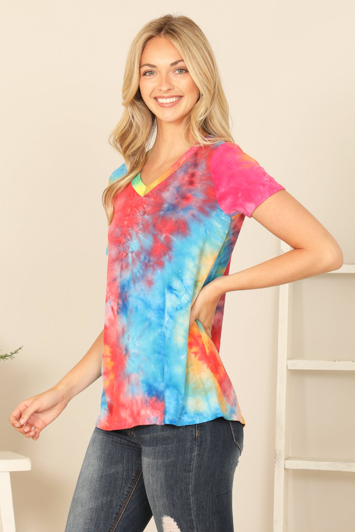 V-Neck Neck Short Sleeve Tie Dye Top