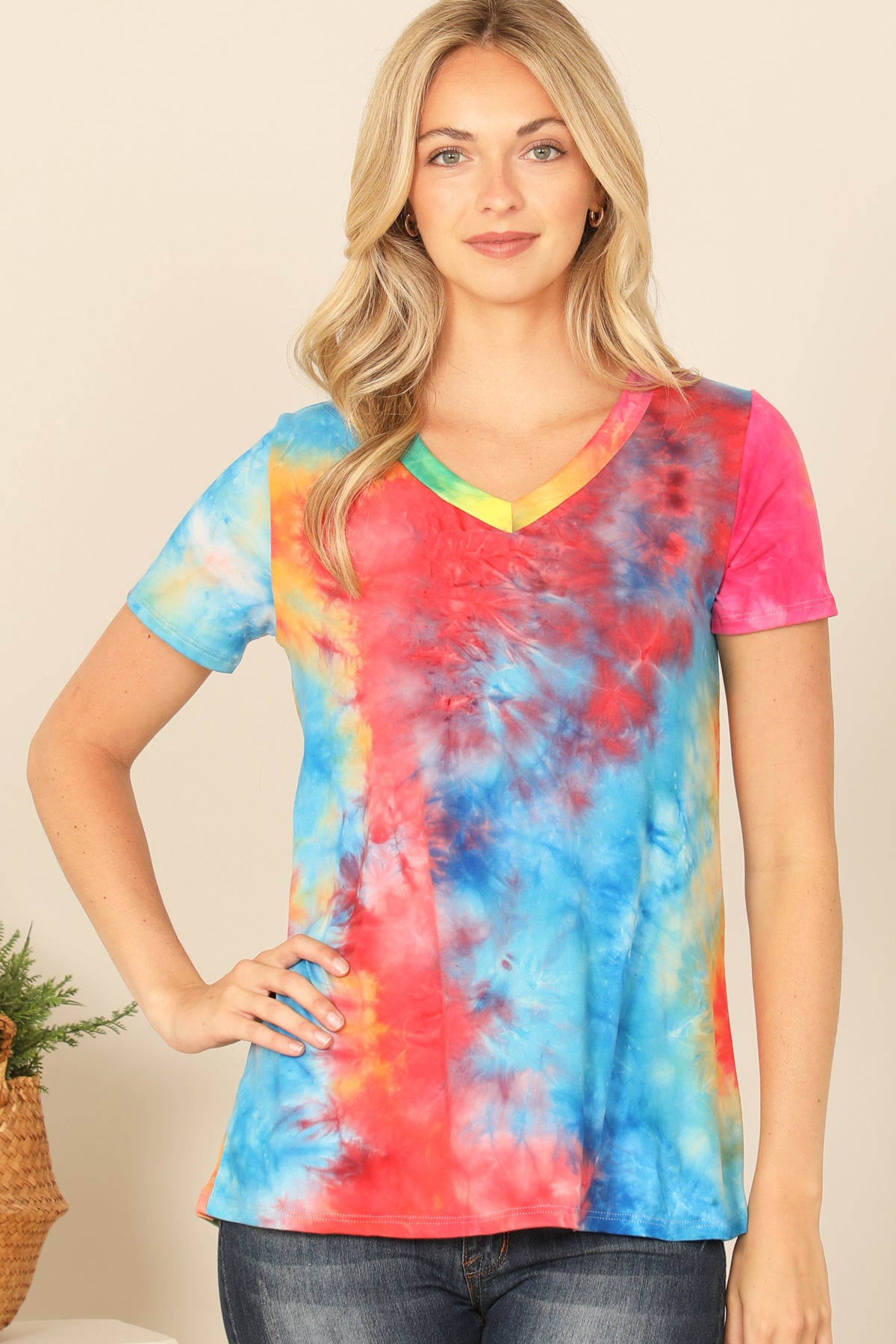V-Neck Neck Short Sleeve Tie Dye Top