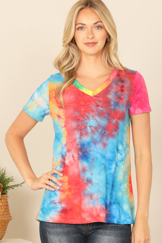 V-Neck Neck Short Sleeve Tie Dye Top