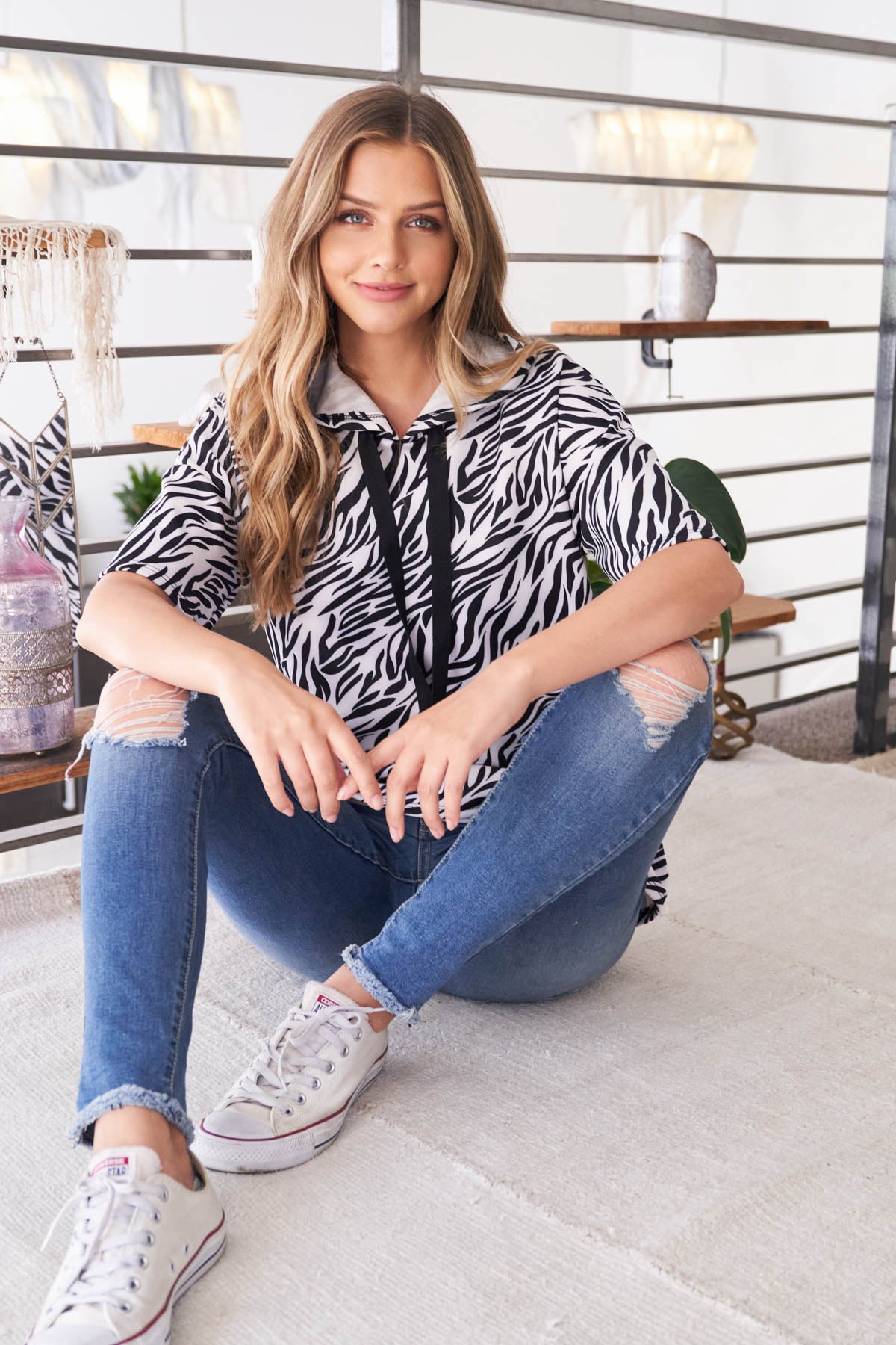 Short Sleeve Zebra Print Hoodie Top