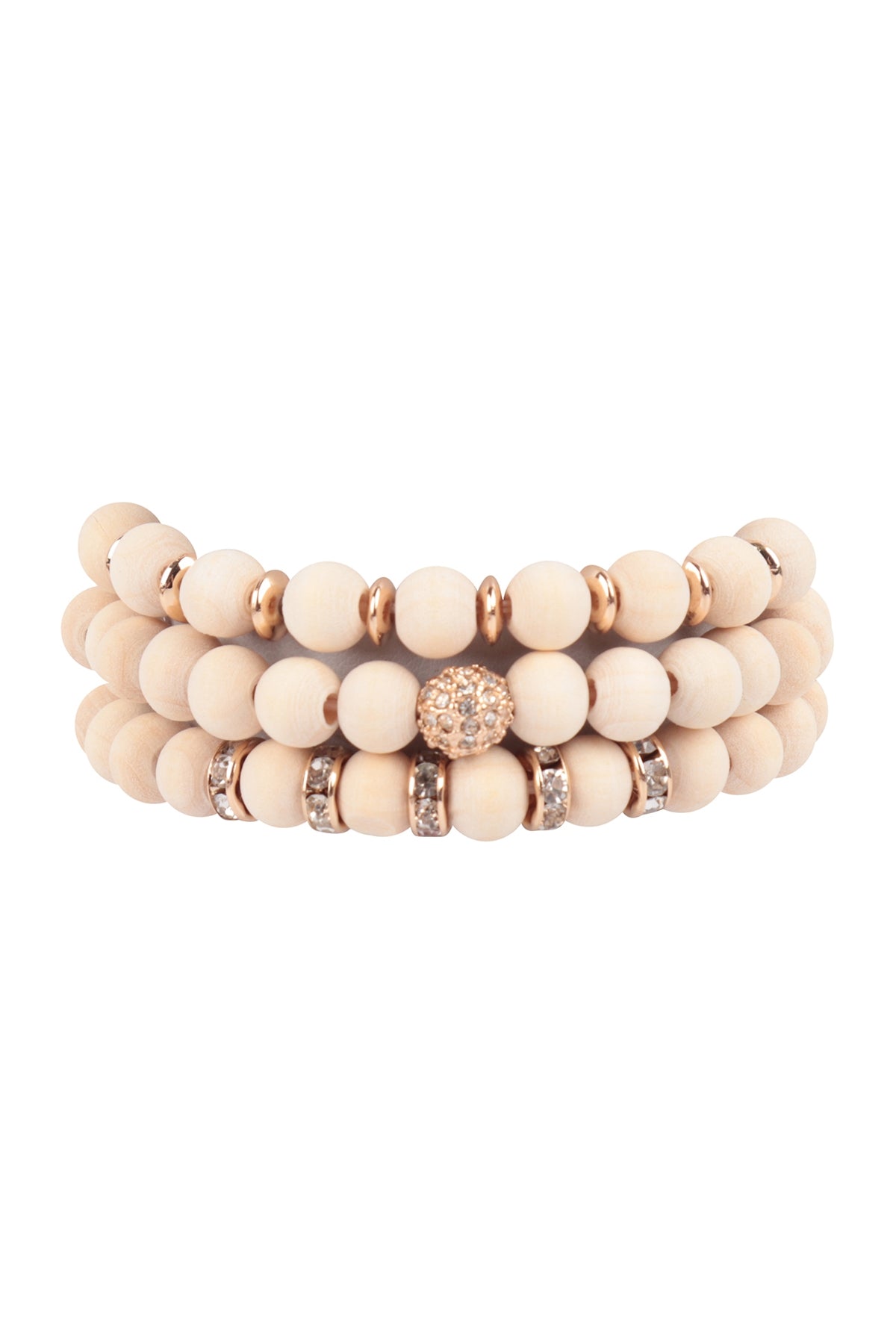 Wood Bead w/ Pave Rhinestone Stretch Bracelet Set