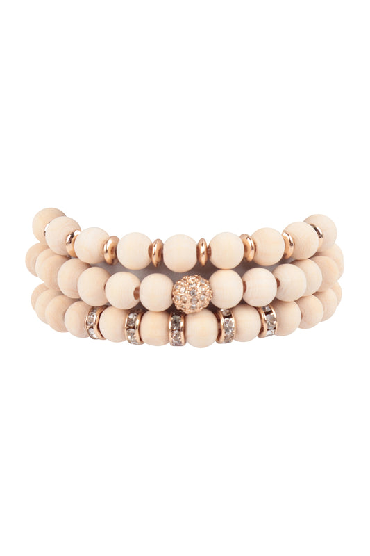 Wood Bead w/ Pave Rhinestone Stretch Bracelet Set