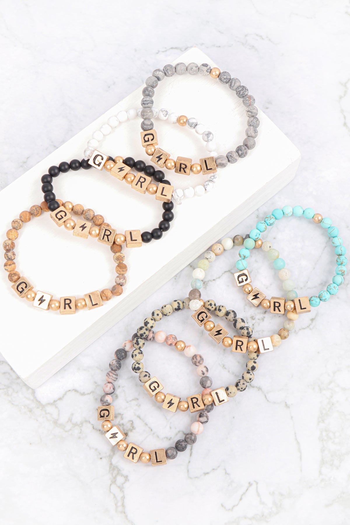 Girl Metal Block Natural Stone Stretch Bracelet