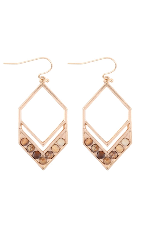 Chevron W/ Natural Stone Drop Fish Hook Earrings Matte Gold Pic Jasper